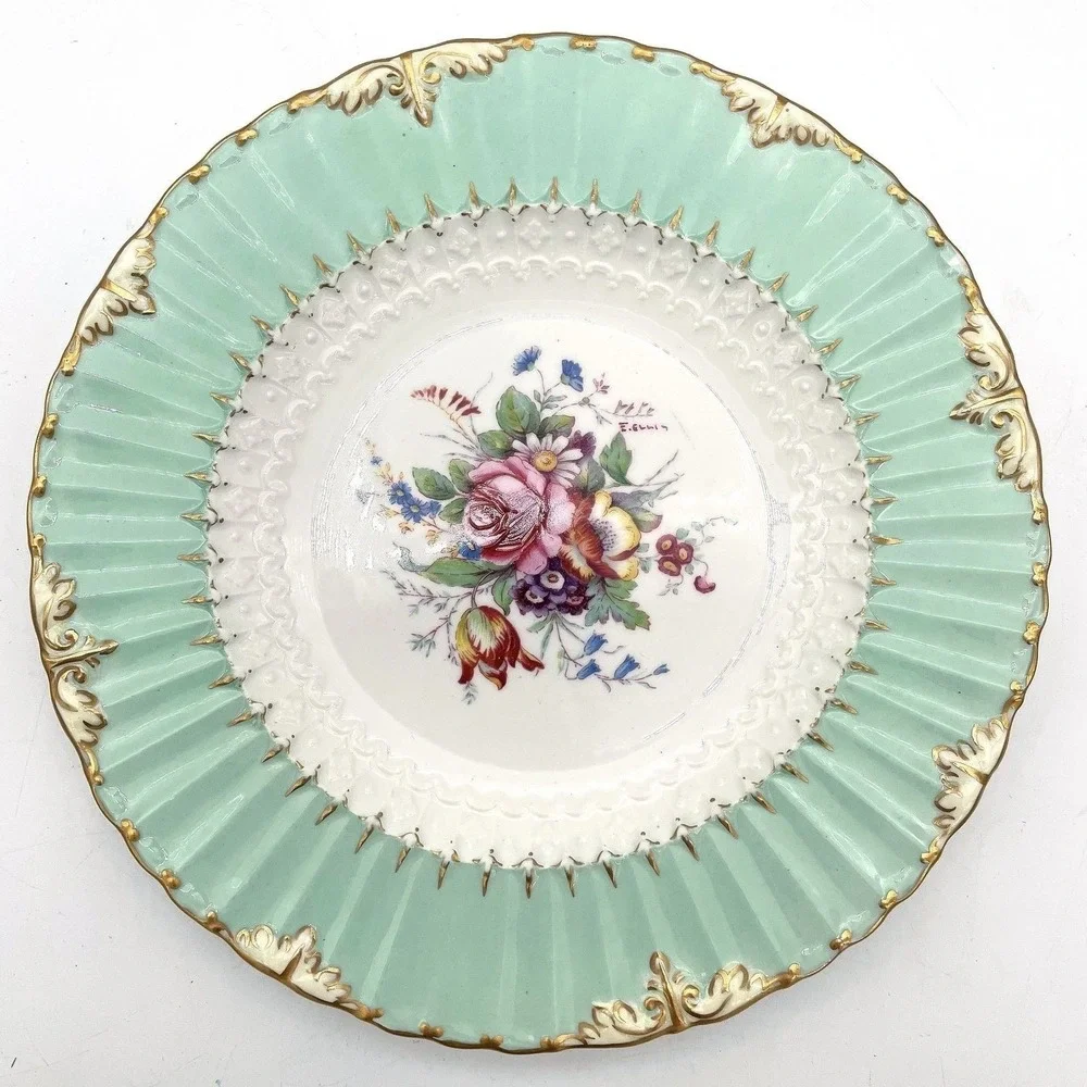 Royal Crown Derby E. Ellis Hand Painted Floral Cabinet Plates Set 2 Green Gilt
